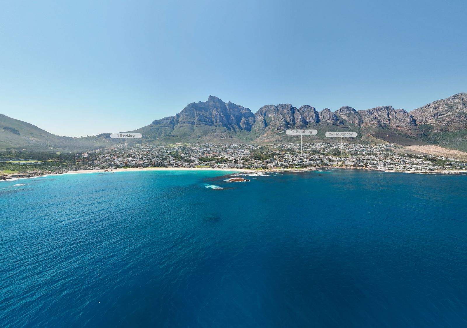 Aerial view of Camps Bay and Bakoven, Cape Town, beneath the Twelve Apostles, with 1 Berkley, 14 Finchley and 26 Houghton marked.